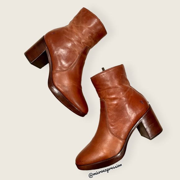 $389 Frye Joan Campus Cognac Brown Side Zip Leather Block Heel Cute Ankle Bootie - Picture 13 of 14